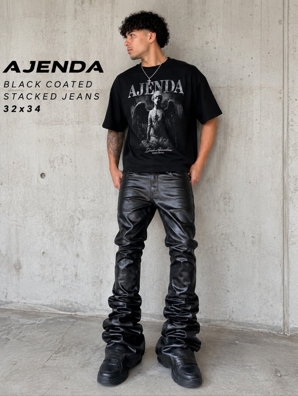 NWT AJENDA Black Coated Stacked Jeans 32x34 Leather Look Flare Denim